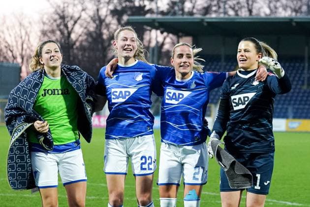 v li Chantal Hagel TSG, 7 , Sarai Linder TSG, 22 , Vanessa Leimenstoll TSG, 27 , Martina Tufekovic goalkeeper, goalkeeper, TSG, 1 , TSG 1899 Hoffenheim players, cheering after the final whistle, victory, winner, winner, cheers, jubilant, joy, optimistic, highlight, action, action, 12 02 2023, Sinsheim Hoffenheim Germany , Football, Flyeralarm Womens Bundesliga, TSG 1899 Hoffenheim 1 FC Cologne, 12 02 2023, Sinsheim Hoffenheim Germany , Football, Flyeralarm Womens Bundesliga, TSG 1899 Hoffenheim 1 FC Cologne, DFB DFL REGULATES PROHIBIT ANY USE OF PHOTOGRAPHS AS IMAGE SEQUENCES AND OR QUASI VIDEO xozx