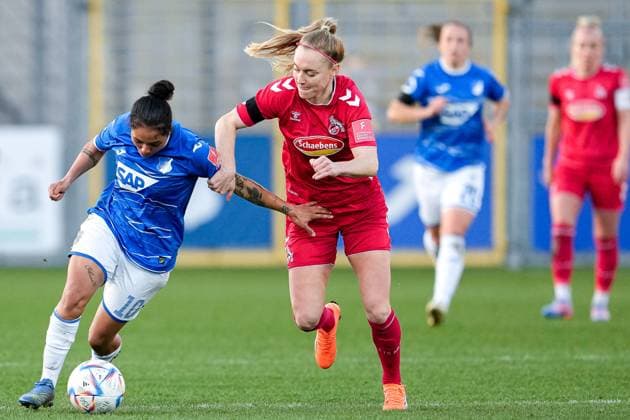 v li Gia Corley TSG, 10 , Sarah Puntigam Cologne, 17 , duel, game scene, duel, duel, tackle, tackling, dynamics, action, action, 12 02 2023, Sinsheim Hoffenheim Germany , Football, Flyeralarm Frauen Bundesliga, TSG 1899 Hoffenheim 1 FC Köln, 12 02 2023, Sinsheim Hoffenheim Germany , Football, Flyeralarm Frauen Bundesliga, TSG 1899 Hoffenheim 1 FC Köln, DFB DFL REGULATES PROHIBIT ANY USE OF PHOTOGRAPHS AS IMAGE SEQUENCES AND OR QUASI VIDEO xozx