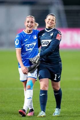 v li Vanessa Leimenstoll TSG, 27 , Martina Tufekovic goalkeeper, goalkeeper, TSG, 1 , TSG 1899 Hoffenheim players, cheering after the final whistle, victory, winner, winners, cheers, joy, optimistic, highlight, action, action, 12 02 2023, Sinsheim Hoffenheim Germany , Football, Flyeralarm Womens Bundesliga, TSG 1899 Hoffenheim 1 FC Köln, 12 02 2023, Sinsheim Hoffenheim Germany , Football, Flyeralarm Womens Bundesliga, TSG 1899 Hoffenheim 1 FC Köln, DFB DFL REGULATES PROHIBIT ANY USE OF PHOTOGRAPHS AS IMAGE SEQUENCES AND OR QUASI VIDEO xozx