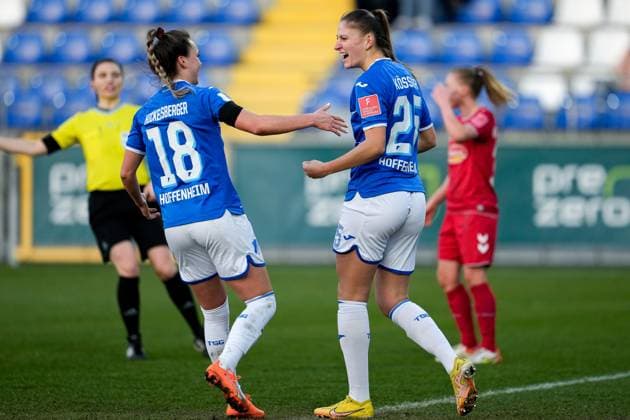 f li Julia Hickelsberger Hickelsberger filler, TSG, 18 and goal scorer Melissa Kössler TSG, 25 , players of TSG 1899 Hoffenheim, cheer about the goal to 2 0, jubilation, goal cheer, goal success, celebrate the goal, goal, celebration, jubilation about the goal, optimistic, game scene, highlight, action, action, 12 02 2023, Sinsheim Hoffenheim Germany , Football, Flyeralarm Womens Bundesliga, TSG 1899 Hoffenheim 1 FC Köln, 12 02 2023, Sinsheim Hoffenheim Germany , Football, Flyeralarm Womens Bundesliga, TSG 1899 Hoffenheim 1 FC Köln, DFB DFL REGULATES PROHIBIT ANY USE OF PHOTOGRAPHS AS IMAGE SEQUENCES AND OR QUASI VIDEO xozx