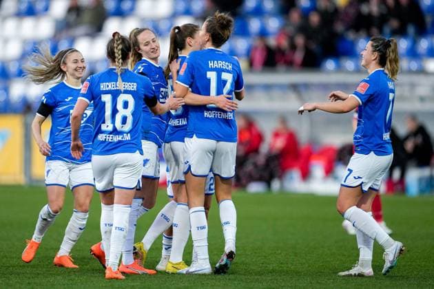 TSG 1899 Hoffenheim players, jubilate over the goal to 3 0, jubilation, goal celebration, celebrate the goal, celebration, jubilation over the goal, optimistic, game scene, highlight, action, action, 12 02 2023, Sinsheim Hoffenheim Germany , football, Flyeralarm Frauen Bundesliga, TSG 1899 Hoffenheim 1 FC Köln, 12 02 2023, Sinsheim Hoffenheim Germany , Football, Flyeralarm Frauen Bundesliga, TSG 1899 Hoffenheim 1 FC Köln, DFB DFL REGULATES PROHIBIT ANY USE OF PHOTOGRAPHS AS IMAGE SEQUENCES AND OR QUASI VIDEO xozx