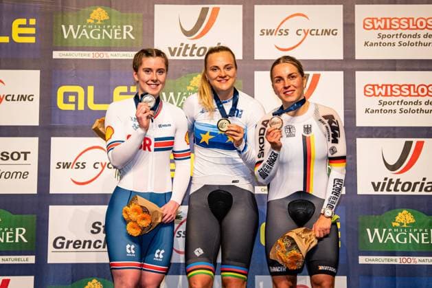 FINUCANE Emma, FRIEDRICH Lea Sophie, HINZE Emma UEC Track Cycling European Championships Grenchen 2023 FINUCANE Emma GBR Great Britain Second Place FRIEDRICH Lea Sophie GER Germany Winner First Place HINZE Emma GER Germany Third Place Award Ceremony Medal Ceremony Podium Landscape Event UEC Track Cycling European Championships 2023 Grenchen Category Category Cycling Track Cycling European Championships Location Ort Europe Switzerland Grenchen Tissot Velodrome Discipline Keirin Elite Women Distance m Date Date 12 02 2023 Sunday Day 5