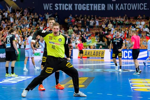 Handball IHF World Championship, Preliminary Round, Group E, Germany Serbia Goalkeeper Joel Birlehm Germany , Slogan We Stick together in Katowice, Final Cheer Final Cheer Emotion Joy Katowice Spodek Arena Poland