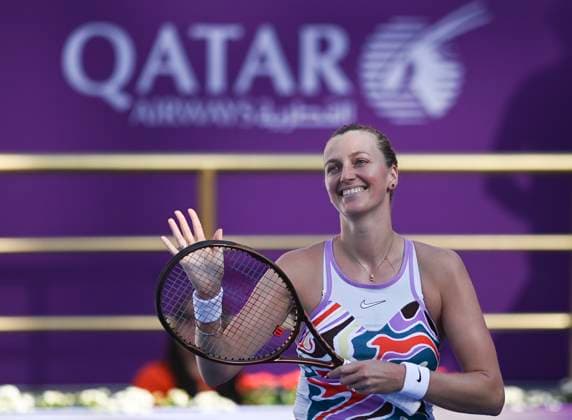 (230214) -- DOHA, Feb. 14, 2023 -- Petra Kvitova celebrates after the singles round of 32 match between Petra Kvitova of the Czech Republic and Zhang Shuai of China at WTA, Tennis Damen 500 Qatar Open 2023 in Doha, Qatar, Feb. 14, 2023. (Photo by Xinhua) (SP)QATAR-DOHA-TENNIS-WTA 500 Nikku 