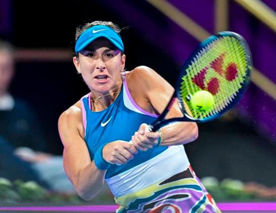 WTA, Tennis Damen Qatar TotalEnergies Open 2023 Belinda Bencig of Switzerland in action against Viktoriya Tomova of Bulgaria at the WTA Qatar TotalEnergies Open tennis tournament at the Khalifa International Tennis Complex in Doha, Qatar, 14 February 2023 DOHA Qatar  Copyright: xNoushadxThekkayilx originalFilename:varittyakkal-wtaqatar230214_npiEZ.jpg