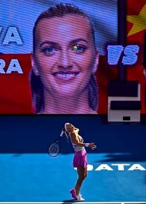 WTA, Tennis Damen Qatar TotalEnergies Open 2023 Petra Kvitova of Czech Republic in action against Shuai Zhang of Chinaat the WTA Qatar TotalEnergies Open tennis tournament at the Khalifa International Tennis Complex in Doha, Qatar, 14 February 2023 DOHA Qatar  Copyright: xNoushadxThekkayilx originalFilename:varittyakkal-wtaqatar230214_npfm8.jpg