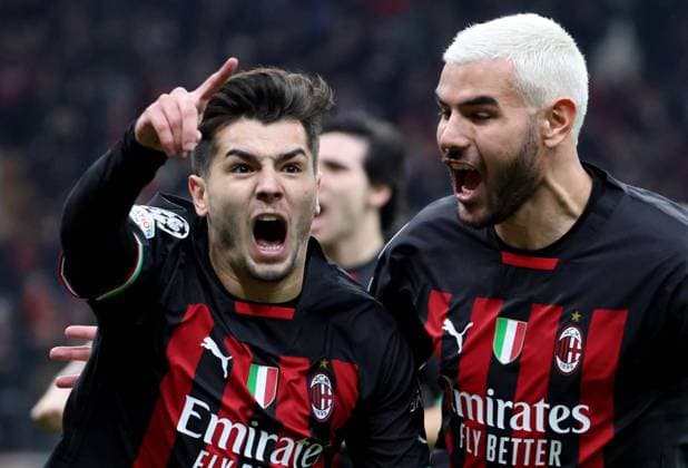 February 14, 2023, Milan, Italy: AC Milan s BRAHIM DIAZ (L) celebrates with his teammate THEO HERNANDEZ after scoring goal of 1 to 0 during he UEFA Champions League first leg round of 16 soccer match between Ac Milan and Tottenham at Giuseppe Meazza stadium. Milan won 1:0. Soccer 2023: Milan 1:0 Tottenham Hotspur  - ZUMAa110 20230214_zaf_a110_006 Copyright: xMatteoxBazzix