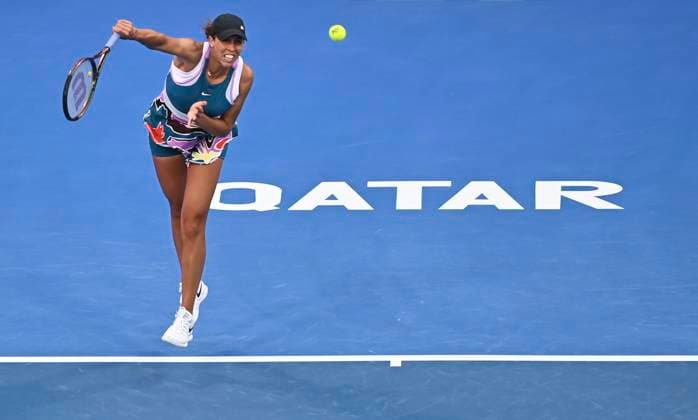 (230215) -- DOHA, Feb. 15, 2023 -- Madison Keys of the United States serves during the singles round of 32 match against Jelena Ostapenko of Latvia at WTA500 Qatar Open 2023 in Doha, Qatar, Feb. 14, 2023. (Photo by Xinhua) (SP)QATAR-DOHA-TENNIS WTA, Tennis Damen 500-DAY 2 Nikku 