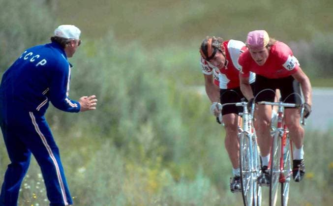 Moscow, USSR. Trainer of the USSR National Cycling Olympic Team Viktor Kapitonov, Polish cyclist Czeslaw Lang, who won thesilver medal, and Soviet cyclist Sergei Sukhoruchenkov, who won the gold medal, (L-R) compete in the group road race Robert Maximov TASS  57361430