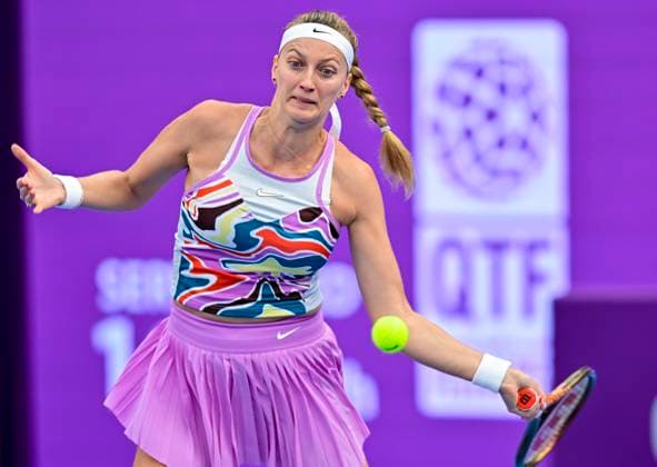 WTA, Tennis Damen Qatar TotalEnergies Open 2023 Petra Kvitova of Czech Republic in action during round of 16 match against Coco Gauff of United States at the WTA Qatar TotalEnergies Open tennis tournament at the Khalifa International Tennis Complex in Doha, Qatar, 15 February 2023 DOHA Qatar  Copyright: xNoushadxThekkayilx originalFilename:varittyakkal-wtaqatar230215_npT3d.jpg