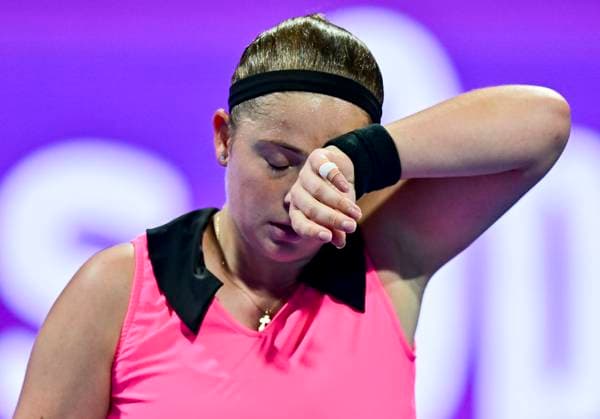 WTA, Tennis Damen Qatar TotalEnergies Open 2023 Jelena Ostapenko of Latvia react during round of 16 match against Jessica Pegula of United States at the WTA Qatar TotalEnergies Open tennis tournament at the Khalifa International Tennis Complex in Doha, Qatar, 15 February 2023 DOHA Qatar  Copyright: xNoushadxThekkayilx originalFilename:varittyakkal-wtaqatar230215_np9wJ.jpg