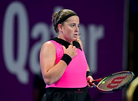 WTA, Tennis Damen Qatar TotalEnergies Open 2023 Jelena Ostapenko of Latvia react during round of 16 match against Jessica Pegula of United States at the WTA Qatar TotalEnergies Open tennis tournament at the Khalifa International Tennis Complex in Doha, Qatar, 15 February 2023 DOHA Qatar  Copyright: xNoushadxThekkayilx originalFilename:varittyakkal-wtaqatar230215_npqj4.jpg