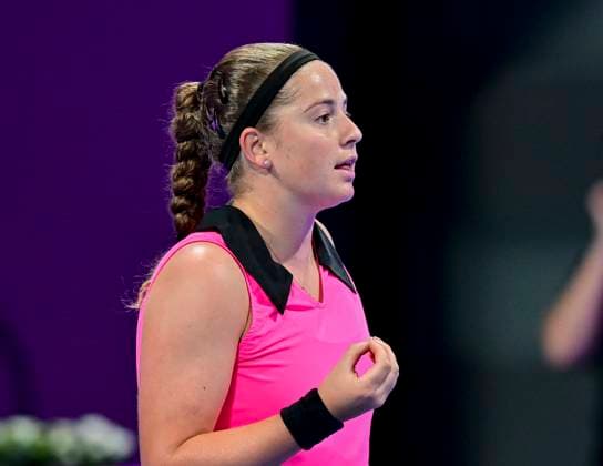 WTA, Tennis Damen Qatar TotalEnergies Open 2023 Jelena Ostapenko of Latvia react during round of 16 match against Jessica Pegula of United States at the WTA Qatar TotalEnergies Open tennis tournament at the Khalifa International Tennis Complex in Doha, Qatar, 15 February 2023 DOHA Qatar  Copyright: xNoushadxThekkayilx originalFilename:varittyakkal-wtaqatar230215_npa9l.jpg