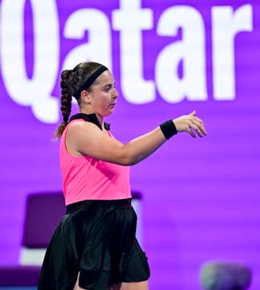 WTA, Tennis Damen Qatar TotalEnergies Open 2023 Jelena Ostapenko of Latvia react during round of 16 match against Jessica Pegula of United States at the WTA Qatar TotalEnergies Open tennis tournament at the Khalifa International Tennis Complex in Doha, Qatar, 15 February 2023 DOHA Qatar  Copyright: xNoushadxThekkayilx originalFilename:varittyakkal-wtaqatar230215_npyLn.jpg