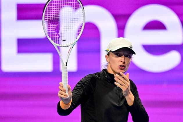 WTA, Tennis Damen Qatar TotalEnergies Open 2023 Iga Swiatek of Poland react during round of 16 match against Danielle Collins of United States at the WTA Qatar TotalEnergies Open tennis tournament at the Khalifa International Tennis Complex in Doha, Qatar, 15 February 2023 DOHA Qatar  Copyright: xNoushadxThekkayilx originalFilename:varittyakkal-wtaqatar230215_npGvE.jpg
