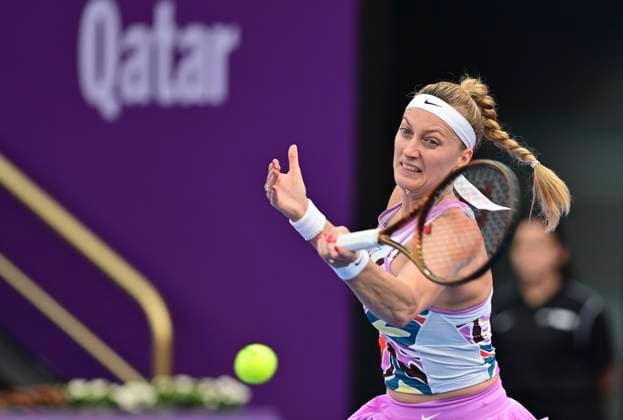 (230216) -- DOHA, Feb. 16, 2023 -- Petra Kvitova of the Czech Republic hits a return during the singles round of 16 match against Coco Gauff of the United States at WTA, Tennis Damen 500 Qatar Open 2023 in Doha, Qatar, Feb. 15, 2023. (Photo by Nikku Xinhua) (SP)QATAR-DOHA-TENNIS-WTA 500 yangyuanyong 