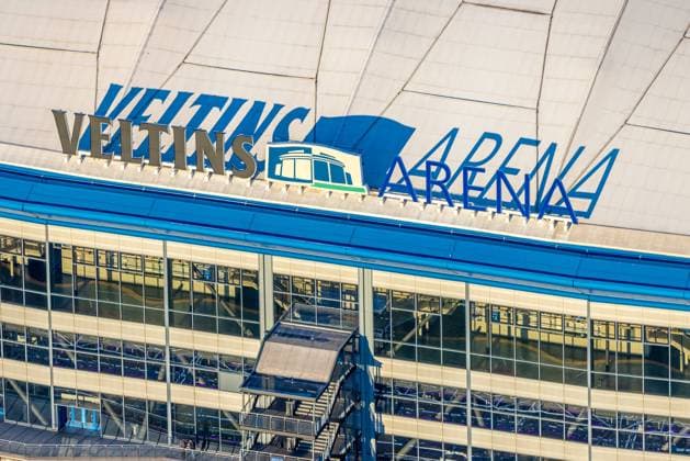 Aerial view, shadow lettering Veltins Arena at the Bundesliga stadium of FC Schalke 04, Erle, Gelsenkirchen, Ruhr area, North Rhine Westphalia, Germany ATTENTIONxMINESTHONORARx60xEURO