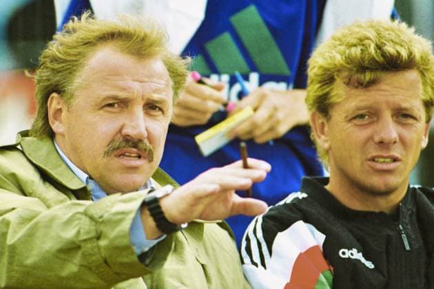 from friendly match VfL Wolfsburg Bayer Leverkusen on 25 07 1993 In photo Li Bayer Leverkusen coach Dragoslav Stepanovic and co coach Peter Hermann