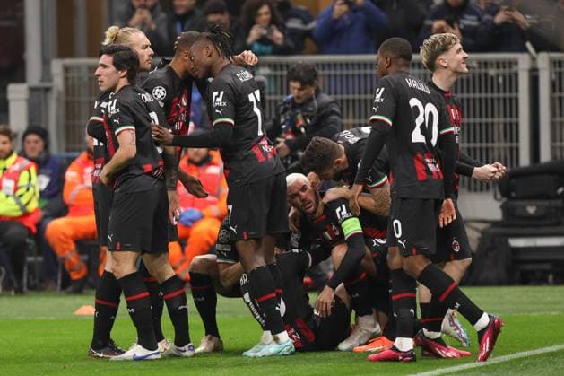 Champions League: AC MILAN vs TOTTENHAM HOTSPUR Italy, Milan, feb 14 2023: Malick Thiaw, Theo Hernandez, Pierre Kalulu, Simon Kajer, Brahim Diaz (ac Milan midfielder) scores and celebrates the 1-0 goal, Rafael Leao, Olivier Giroud at 7 during soccer game AC MILAN vs TOTTENHAM HOTSPUR, round of 16 1st leg UCL 2022-2023 San Siro stadium Milan Lombardy Italy Copyright: xFabrizioxAndreaxBertanix