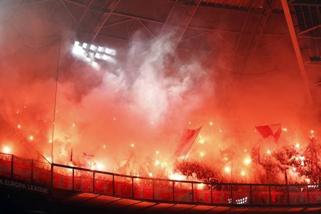 AMSTERDAM - FC Union Belin supporters during the UEFA Europa league play-off match between Ajax Amsterdam and FC Union Berlin at the Johan Cruijff ArenA on February 16, 2023 in Amsterdam, Netherlands. ANP MAURICE VAN STONE AFC Ajax Amsterdam v 1. FC Union Berlin: Knockout Round Play-Off Leg One - UEFA Europa League 2022 2023 xVIxANPxSportx xxANPxIVx 462933273 originalFilename: 462933273.jpg