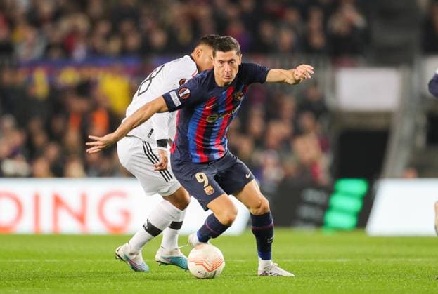 Barcelona v Manchester United, ManU Europa League 16 02 2023. Barcelona forward Robert Lewandowski (9) during the Europa League match between Barcelona and Manchester United at Camp Nou, Barcelona, Spain on 16 February 2023. Barcelona Camp Nou Barcelona Spain Editorial use only DataCo restrictions apply See www.football-dataco.com , Copyright: xPhilxDuncanx PSI-16922-0020