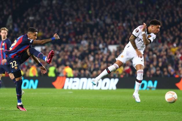 Mandatory Credit: Photo by Simon Dael Shutterstock (13765759r) Raphinha of Barcelona with a shot on goal Barcelona v Manchester United, ManU UEFA Europa League, Play-Off Round, First Leg, Football, Camp Nou, Barcelona, Spain - 16 Feb 2023 EDITORIAL USE ONLY No use with unauthorised audio, video, data, fixture lists, club league logos or live services. Online in-match use limited to 120 images, no video emulation. No use in betting, games or single club league player publications. Barcelona v Manchester United, UEFA Europa League, Play-Off Round, First Leg, Football, Camp Nou, Barcelona, Spain - 16 Feb 2023 EDITORIAL USE ONLY No use with unauthorised audio, video, data, fixture lists, club league logos or live services. Online in-match use limited to 120 images, no video emulation. No use in betting, games or single club league player publications. Copyright: xSimonxDael Shutterstockx 13765759r