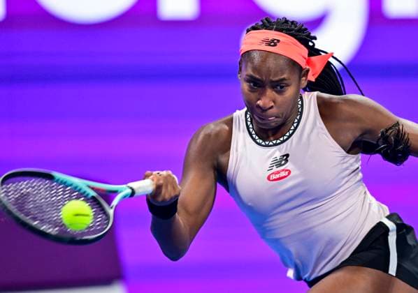 WTA, Tennis Damen Qatar TotalEnergies Open 2023 Coco Gauff of United States in action during Quarterfinal match against Veronika Kudermetova of Russia at the WTA Qatar TotalEnergies Open tennis tournament at the Khalifa International Tennis Complex in Doha, Qatar, 16 February 2023 DOHA Qatar  Copyright: xNoushadxThekkayilx originalFilename:varittyakkal-wtaqatar230216_npzGf.jpg