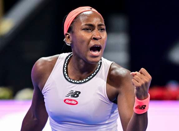 WTA, Tennis Damen Qatar TotalEnergies Open 2023 Coco Gauff of United States react during Quarterfinal match against Veronika Kudermetova of Russia at the WTA Qatar TotalEnergies Open tennis tournament at the Khalifa International Tennis Complex in Doha, Qatar, 16 February 2023 DOHA Qatar  Copyright: xNoushadxThekkayilx originalFilename:varittyakkal-wtaqatar230216_npJ5N.jpg