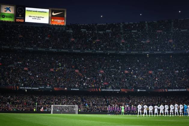 Mandatory Credit: Photo by Simon Dael Shutterstock (13765759aa) Players of both teams line up for a minutes silence for the victims of the earthquake in Turkey Barcelona v Manchester United, ManU UEFA Europa League, Play-Off Round, First Leg, Football, Camp Nou, Barcelona, Spain - 16 Feb 2023 EDITORIAL USE ONLY No use with unauthorised audio, video, data, fixture lists, club league logos or live services. Online in-match use limited to 120 images, no video emulation. No use in betting, games or single club league player publications. Barcelona v Manchester United, UEFA Europa League, Play-Off Round, First Leg, Football, Camp Nou, Barcelona, Spain - 16 Feb 2023 EDITORIAL USE ONLY No use with unauthorised audio, video, data, fixture lists, club league logos or live services. Online in-match use limited to 120 images, no video emulation. No use in betting, games or single club league player publications. Copyright: xSimonxDael Shutterstockx 13765759aa