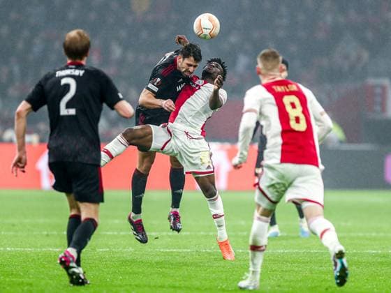 Mohammed Kudus Ajax Amsterdam, 20 in a duel against Josip Juranovic FC Union Berlin, 18 , NL, Ajax Amsterdam vs FC Union Berlin, UEFA Europa League Play Offs, first leg, season 2022 2023, 16 02 2023, NL, Ajax Amsterdam vs FC Union Berlin, UEFA Europa League Play Offs, first leg, season 2022 2023, 16 02 2023, Photo Eibner Pressefoto Gabriel Boia Amsterdam Copyright: xEibner-Pressefoto GabrielxBoiax EP_EER