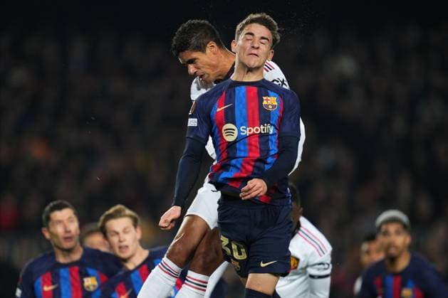 Mandatory Credit: Photo by Bagu Blanco Pressinphoto Shutterstock (13770557al) Raphael Varane of Manchester United, ManU and Pablo Martin Gavira Gavi of FC Barcelona, Barca FC Barcelona v Manchester United, UEFA Europa League, Play-off, 1st leg. Football, Spotify Camp Nou Stadium, Barcelona, Spain - 16 Feb 2023 Editorial use only FC Barcelona v Manchester United, UEFA Europa League, Play-off, 1st leg. Football, Spotify Camp Nou Stadium, Barcelona, Spain - 16 Feb 2023 Editorial use only Copyright: xBaguxBlanco Pressinphoto Shutterstockx 13770557al