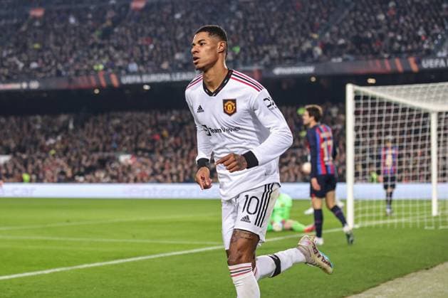 UEFA Europa League Knockout Round Play-Offs Barcelona v Manchester United, ManU Marcus Rashford 10 of Manchester United celebrates his goal to make it 1-1 during the UEFA Europa League Knockout Round Play-Offs Barcelona vs Manchester United at Spotify Camp Nou, Barcelona, Spain, 16th February 2023 (Photo by Mark Cosgrove News Images) Barcelona Camp Nou Catalonia Spain Copyright: xMarkxCosgrove NewsxImagesx