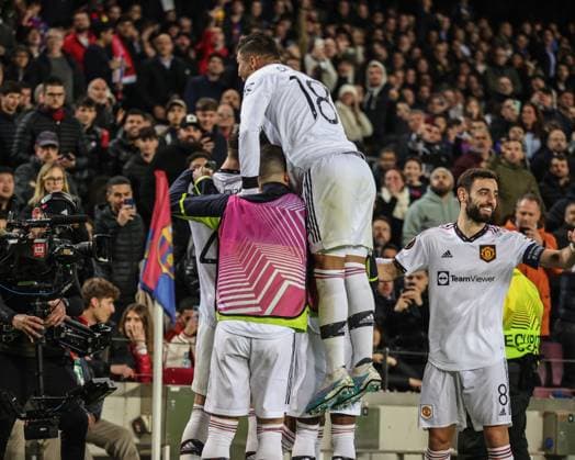 UEFA Europa League Knockout Round Play-Offs Barcelona v Manchester United, ManU Marcus Rashford 10 of Manchester United celebrates his goal to make it 1-1 during the UEFA Europa League Knockout Round Play-Offs Barcelona vs Manchester United at Spotify Camp Nou, Barcelona, Spain, 16th February 2023 (Photo by Mark Cosgrove News Images) Barcelona Camp Nou Catalonia Spain Copyright: xMarkxCosgrove NewsxImagesx