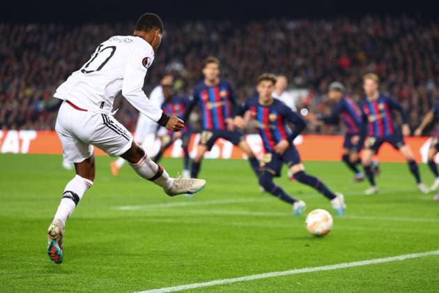 Mandatory Credit: Photo by Simon Dael Shutterstock (13765759am) Marcus Rashford of Manchester United, ManU fires in the cross that lead to Jules Kounde of Barcelona scoring an own goal Barcelona v Manchester United, UEFA Europa League, Play-Off Round, First Leg, Football, Camp Nou, Barcelona, Spain - 16 Feb 2023 EDITORIAL USE ONLY No use with unauthorised audio, video, data, fixture lists, club league logos or live services. Online in-match use limited to 120 images, no video emulation. No use in betting, games or single club league player publications. Barcelona v Manchester United, UEFA Europa League, Play-Off Round, First Leg, Football, Camp Nou, Barcelona, Spain - 16 Feb 2023 EDITORIAL USE ONLY No use with unauthorised audio, video, data, fixture lists, club league logos or live services. Online in-match use limited to 120 images, no video emulation. No use in betting, games or single club league player publications. Copyright: xSimonxDael Shutterstockx 13765759am