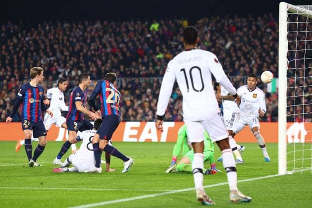 Mandatory Credit: Photo by Simon Dael Shutterstock (13765759an) Jules Kounde of Barcelona scores an own goal Barcelona v Manchester United, ManU UEFA Europa League, Play-Off Round, First Leg, Football, Camp Nou, Barcelona, Spain - 16 Feb 2023 EDITORIAL USE ONLY No use with unauthorised audio, video, data, fixture lists, club league logos or live services. Online in-match use limited to 120 images, no video emulation. No use in betting, games or single club league player publications. Barcelona v Manchester United, UEFA Europa League, Play-Off Round, First Leg, Football, Camp Nou, Barcelona, Spain - 16 Feb 2023 EDITORIAL USE ONLY No use with unauthorised audio, video, data, fixture lists, club league logos or live services. Online in-match use limited to 120 images, no video emulation. No use in betting, games or single club league player publications. Copyright: xSimonxDael Shutterstockx 13765759an