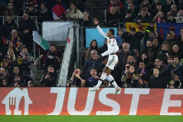 Mandatory Credit: Photo by Bagu Blanco Pressinphoto Shutterstock (13770557bd) Manchester United, ManU players celebrating the 1-2 FC Barcelona, Barca v Manchester United, UEFA Europa League, Play-off, 1st leg. Football, Spotify Camp Nou Stadium, Barcelona, Spain - 16 Feb 2023 Editorial use only FC Barcelona v Manchester United, UEFA Europa League, Play-off, 1st leg. Football, Spotify Camp Nou Stadium, Barcelona, Spain - 16 Feb 2023 Editorial use only Copyright: xBaguxBlanco Pressinphoto Shutterstockx 13770557bd