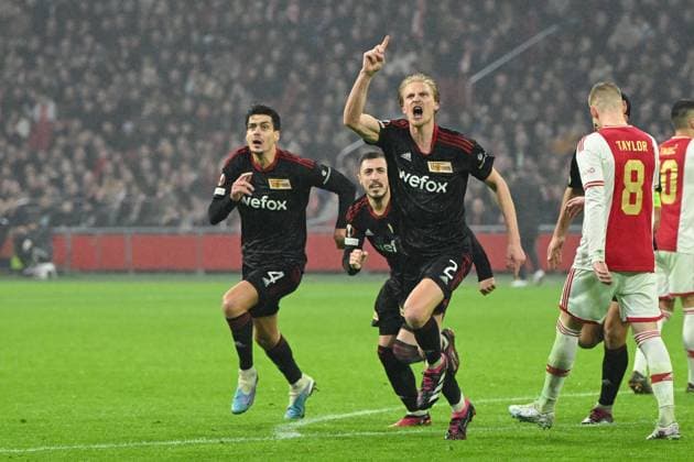 Football, men, season 2022 2023, Europa League Play Offs to the round of 16, first leg , Ajax Amsterdam 1 FC Union Berlin, v l Diogo Leite 1 FC Union Berlin , Josip Juranovic 1 FC Union Berlin and Morten Thorsby 1 FC Union Berlin goal celebration to 0 1, was disallowed for handball , 16 02 2023, Copyright: xMatthiasxKochx