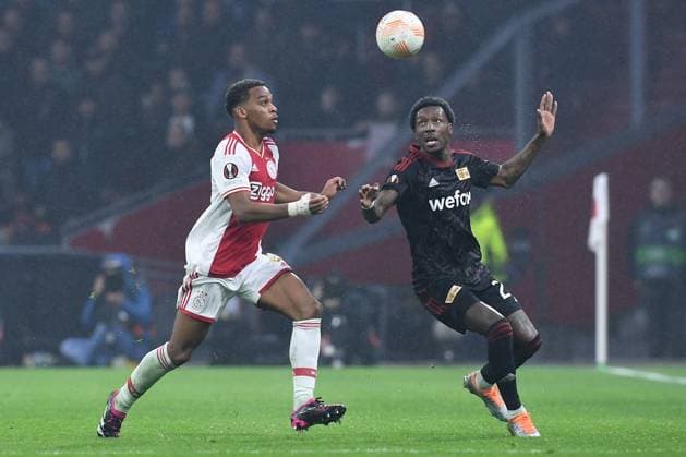 Soccer Europa League K o round Play off Ajax Amsterdam 1 FC Union Berlin on 16 02 2023 at the Johan Cruijff ArenA in Amsterdam Jurrien Timber Amsterdam , left Sheraldo Becker Berlin , right xRx