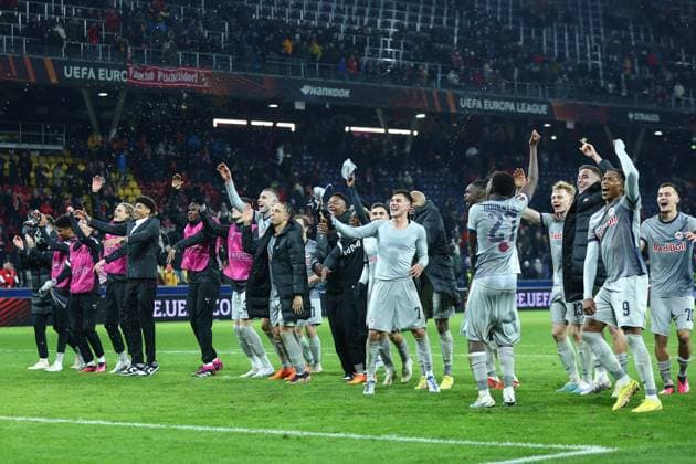 SOCCER - UEFA EL, RBS vs Roma SALZBURG,AUSTRIA,16.FEB.23 - SOCCER - UEFA Europa League, play off, Red Bull Salzburg vs AS Roma. Image shows the rejoicing of RBS.  GEPAxpictures xDavidxGeieregger