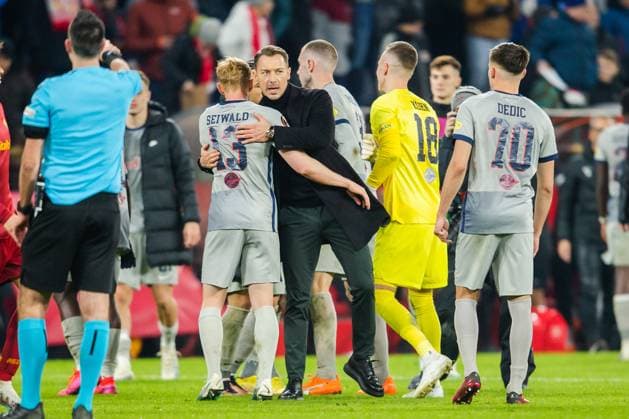SOCCER - UEFA EL, RBS vs Roma SALZBURG,AUSTRIA,16.FEB.23 - SOCCER - UEFA Europa League, play off, Red Bull Salzburg vs AS Roma. Image shows the rejoicing of head coach Matthias Jaissle (RBS).  GEPAxpictures xGintarexKarpaviciute