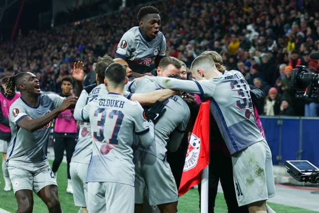 SOCCER - UEFA EL, RBS vs Roma SALZBURG,AUSTRIA,16.FEB.23 - SOCCER - UEFA Europa League, play off, Red Bull Salzburg vs AS Roma. Image shows the rejoicing of RBS.  GEPAxpictures xDavidxGeieregger