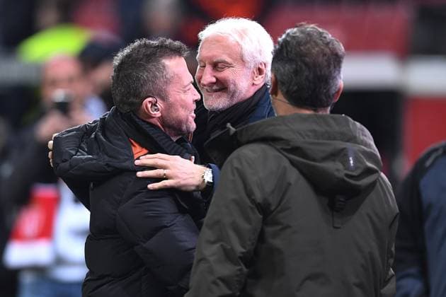Soccer Europa League K o round Play off Bayer 04 Leverkusen AS Monaco on 16 02 2023 at the BayArena in Leverkusen Lothar Matthäus, left Rudi Völler Sports Director Germany , right xHDx