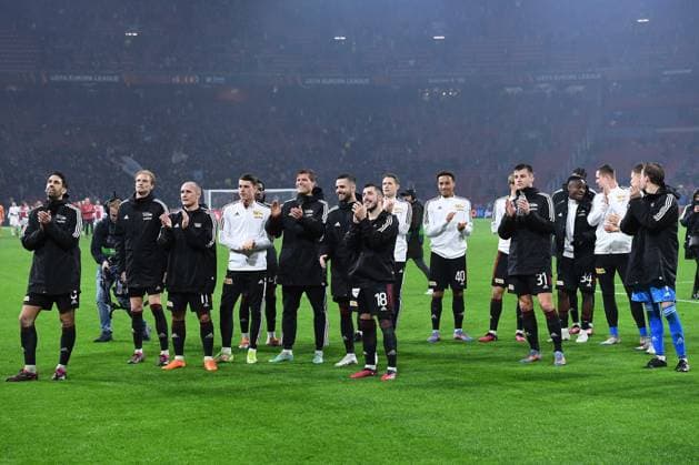 Soccer Europa League K o round Play off Ajax Amsterdam 1 FC Union Berlin on 16 02 2023 at the Johan Cruijff ArenA in Amsterdam Berlin players celebrate with their fans xRx
