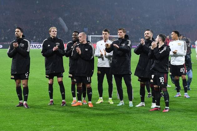 Soccer Europa League K o round Play off Ajax Amsterdam 1 FC Union Berlin on 16 02 2023 at the Johan Cruijff ArenA in Amsterdam Berlin players celebrate with their fans xRx