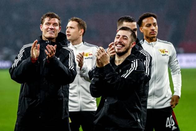 FC Union Berlin team after the match, NL, Ajax Amsterdam vs FC Union Berlin, UEFA Europa League Play Offs, first leg, season 2022 2023, 16 02 2023, NL, Ajax Amsterdam vs FC Union Berlin, UEFA Europa League Play Offs, first leg, season 2022 2023, 16 02 2023, Photo Eibner Pressefoto Gabriel Boia Amsterdam Copyright: xEibner-Pressefoto GabrielxBoiax EP_EER