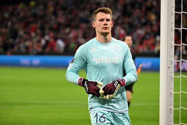 Leverkusen, Bayarena, 16 02 23, GER, Herren, UEFA Europa League, Bayer 04 Leverkusen AS Monaco Bild Goalkeeper Alexander Nuebel AS Monaco Nur fuer journalistische Zwecke Only for editorial use In accordance with the regulations of the DFL Deutsche Fußball Liga, it is prohibited to exploit or have exploited photographs taken in the stadium and or from the game in the form of sequence images and or video-like photo series DFL regulations prohibit any use of photographs as image sequences and or quasi video Nordrhein Westfalen Germany