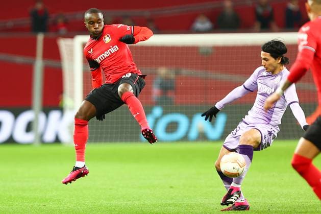 Moussa Diaby Bayer 04 Leverkusen li and Takumi Minamino AS Monaco Bayer 04 Leverkusen vs AS Monaco, football, UEFA Europa League, knockout round play off first leg, 2022 2023 season, 16 02 2023 Leverkusen North Rhine Westphalia Germany. Copyright: xkolbert-press AntxPalmerx