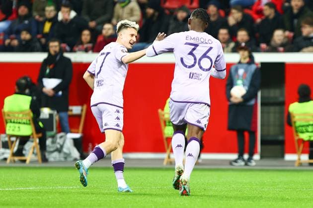 Aleksandr Golovin AS Monaco and Breel Embolo AS Monaco celebrates the goal to 0 1 Bayer 04 Leverkusen vs AS Monaco, football, UEFA Europa League, knockout round play off first leg, 2022 2023 season, 16 02 2023 Leverkusen North Rhine Westphalia Germany. Copyright: xkolbert-press AntxPalmerx
