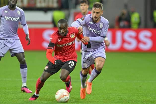 from left in duel Moussa Diaby 19, Bayer Leverkusen Ruben Aguilar 26, AS Monaco 16 02 2023 Football Europa League, Bayer 04 Leverkusen vs AS Monaco, BayArena, Leverkusen, NRW Germany Copyright: xpepphotox xHorstxMauelshagenx pep00321, pep_20230216_hm