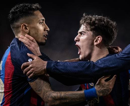 Barcelona vs Manchester United, ManU raphinha and Gavi (Barcelona) in action during the game valid for Europe League at the Camp Nou stadium, in Barcelona, today February 16, 2023. Copyright: xx AB4I8060